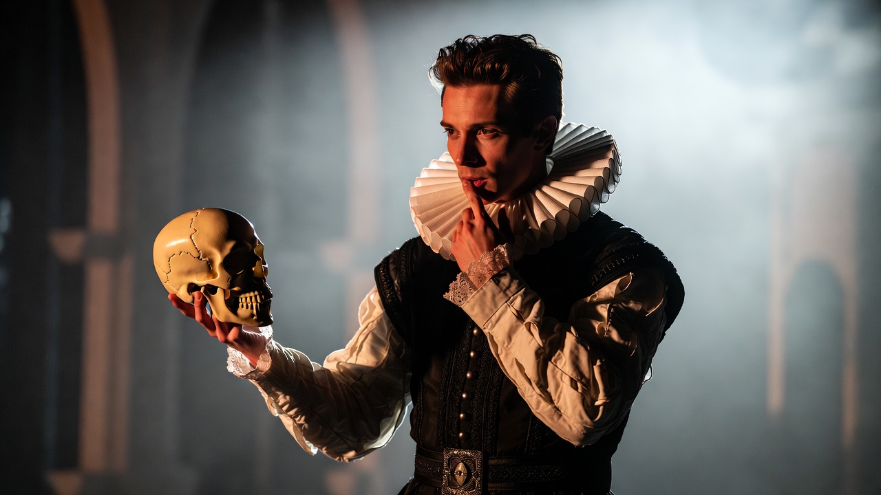 Hamlet holding Yorick skull in famous Shakespeare scene dramatic theatrical performance