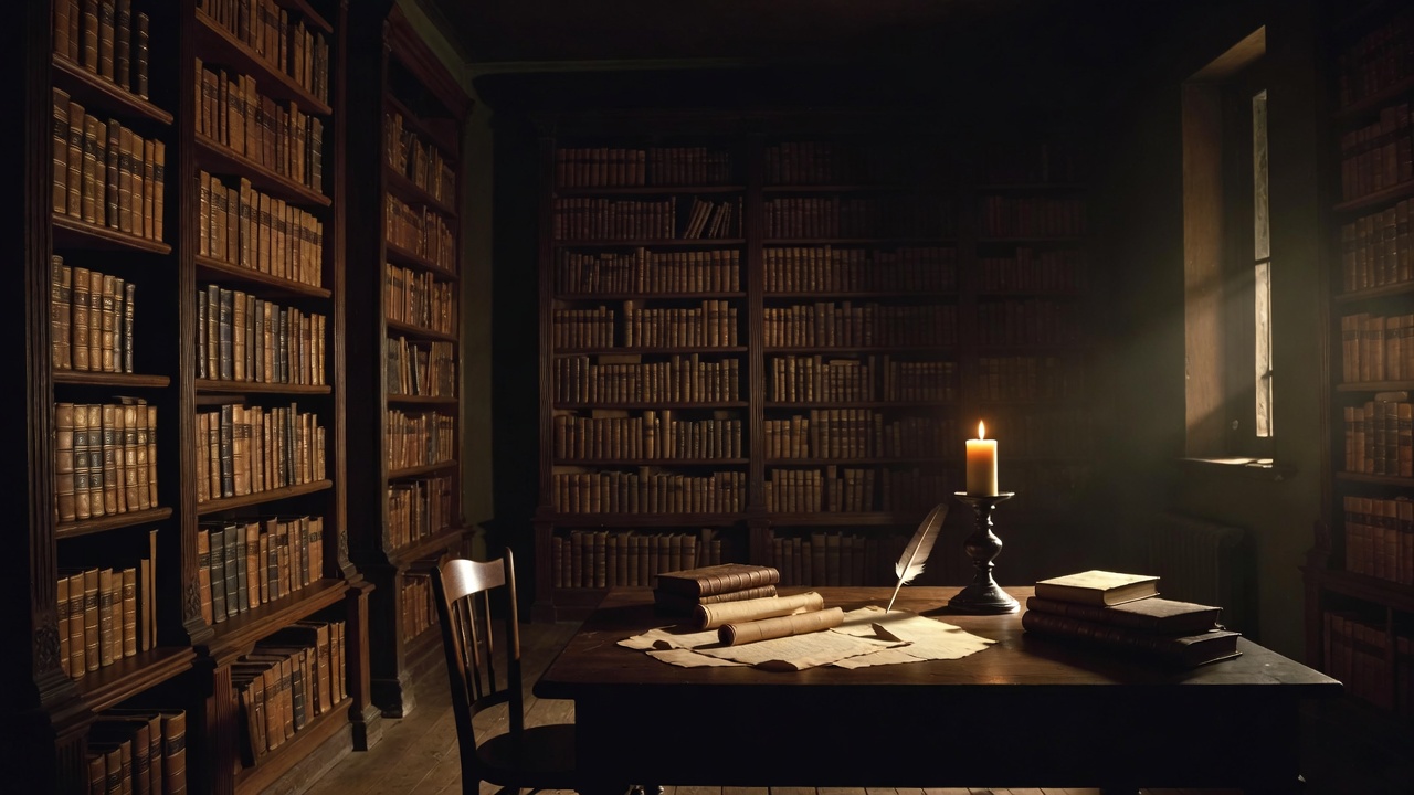 Elizabethan study with candlelit books and parchments representing Shakespeare language evolution