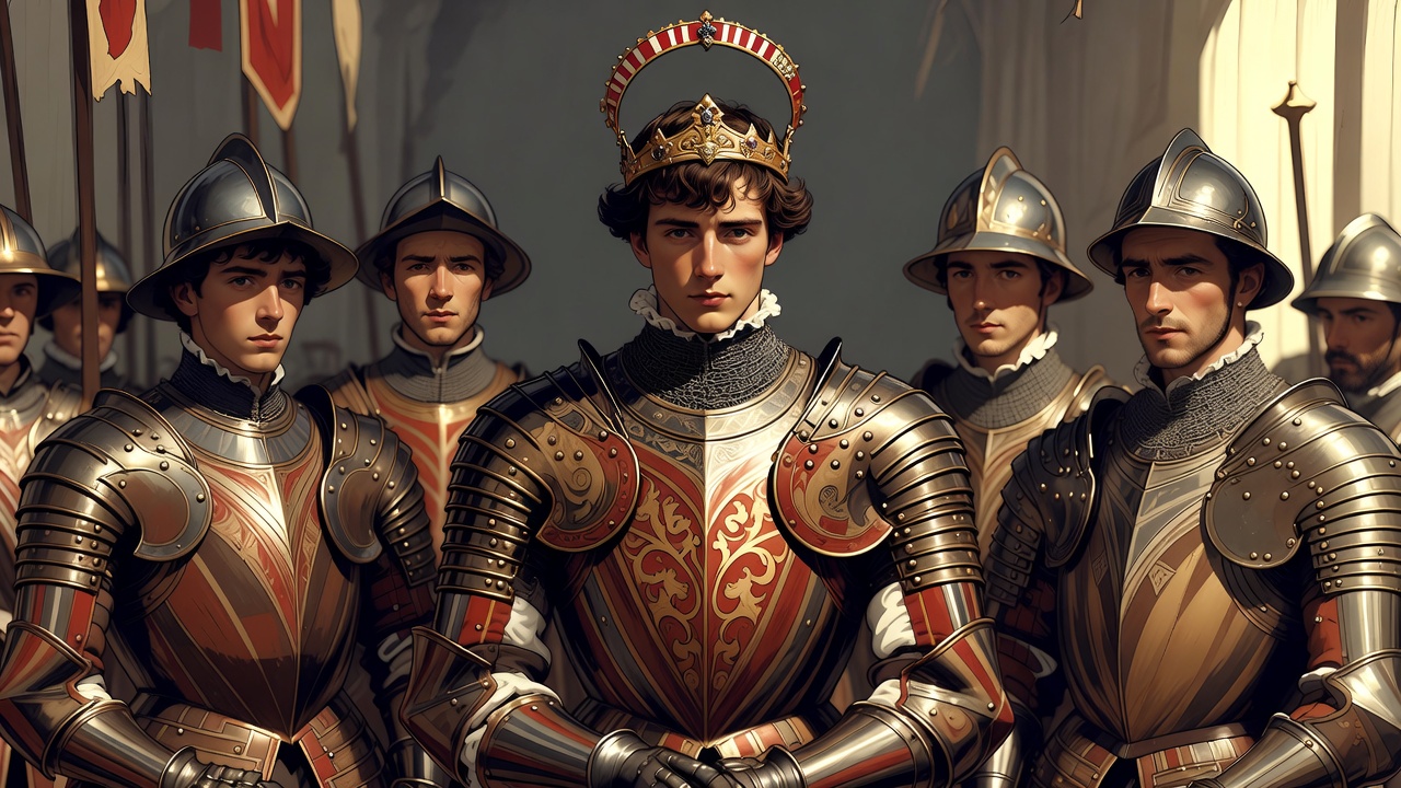 Historical depiction of King Henry V and his royal brothers Dukes of Clarence, Bedford, and Gloucester in medieval armor