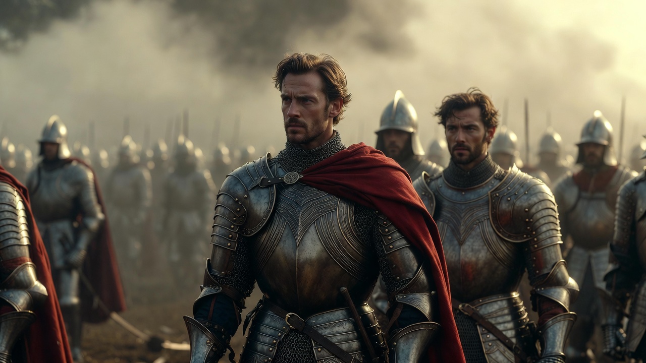 King Henry V with his literal brothers Gloucester and Bedford on the battlefield in Shakespeare's Henry V
