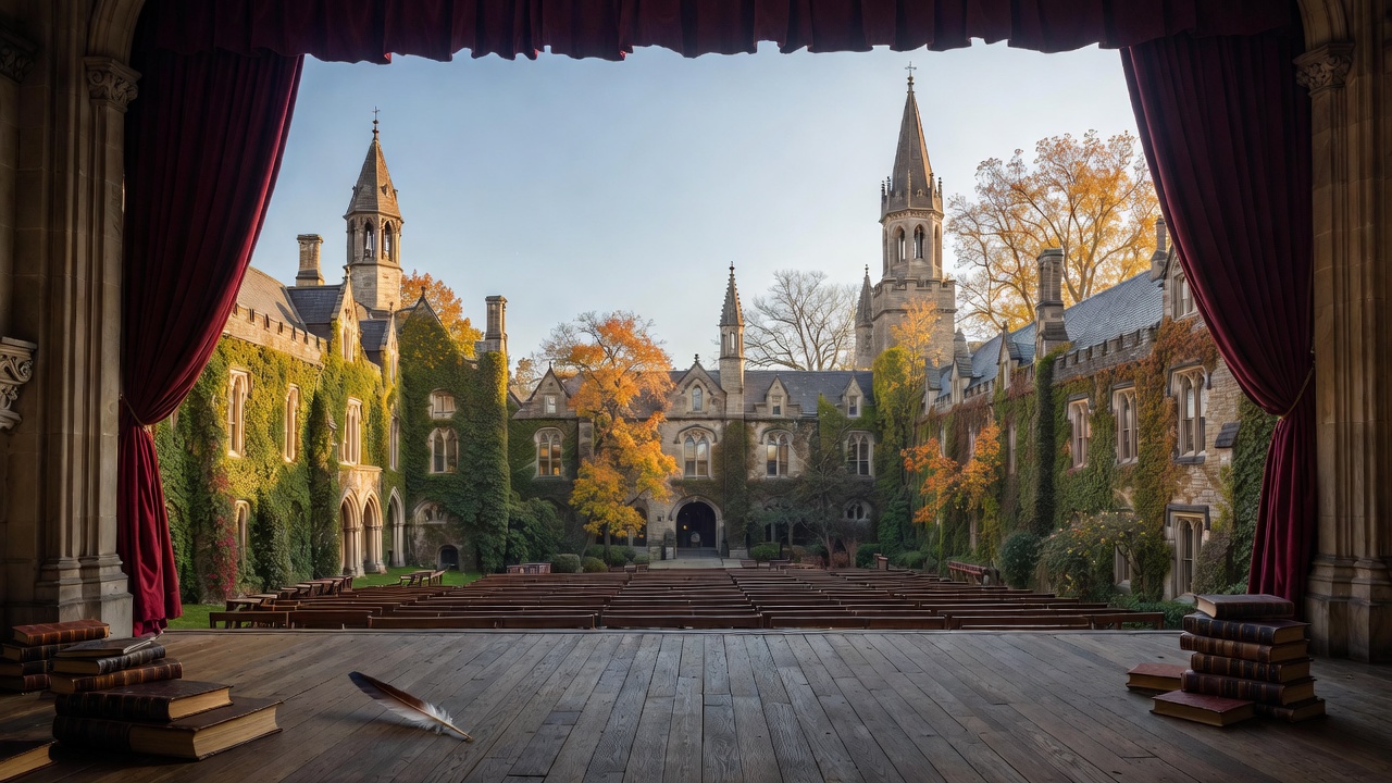 Brown University campus with Shakespeare theater stage and books symbolizing humanities education access