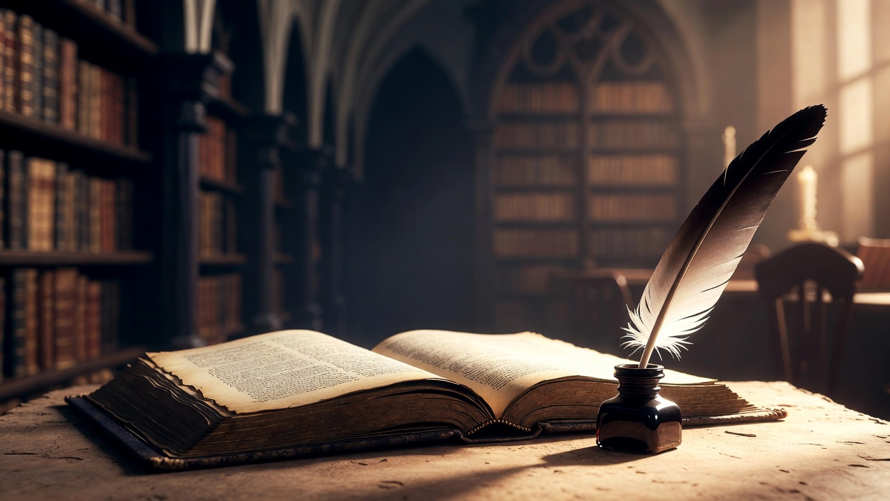 Antique Shakespeare book and quill in university library representing humanities scholarship barriers