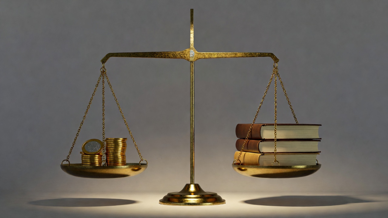Justice scale balancing coins and books symbolizing financial aid antitrust lawsuit in higher education