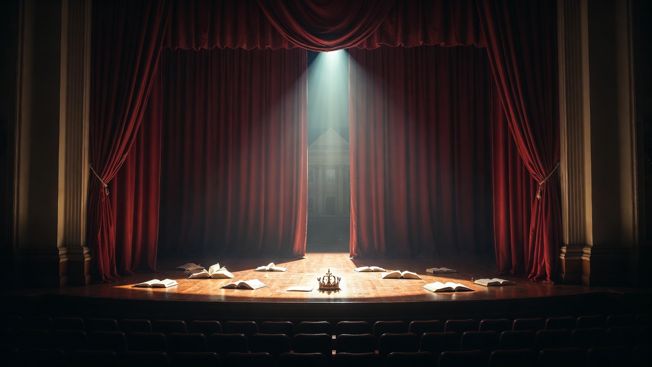 Empty Shakespeare theater stage with books and spotlight evoking future access to elite humanities programs