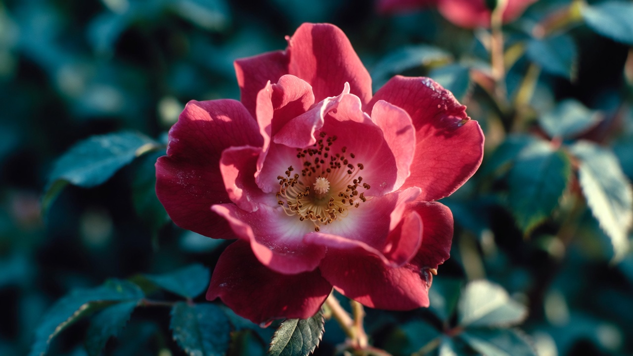 Close-up of crimson-pink Gallic rose (Rosa gallica) bloom in Tudor-style garden