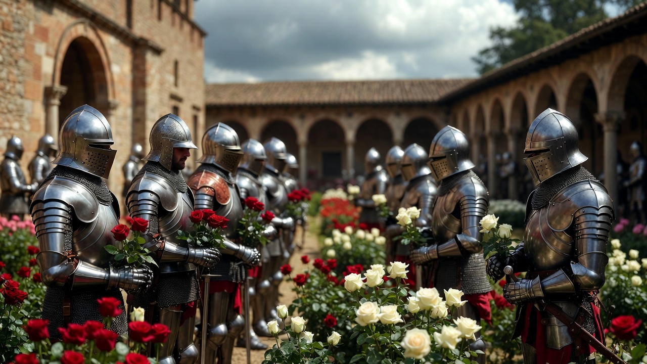 Red and white roses symbolizing Lancaster and York in the Wars of the Roses historical reenactment