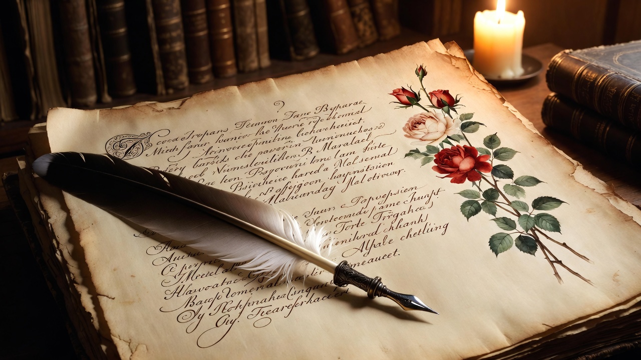 Antique manuscript illustration of red and white roses inspired by Shakespeare’s poetry