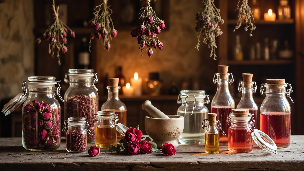 16th-century apothecary display featuring Gallic rose petals, rosewater, and medicinal preparations