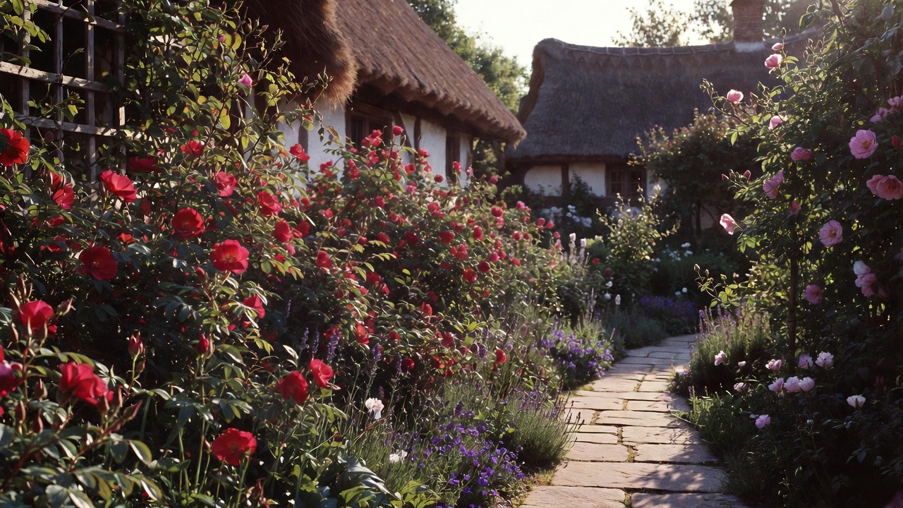 Authentic Tudor-style garden border planted with blooming Gallic roses and Shakespeare-era companion plants