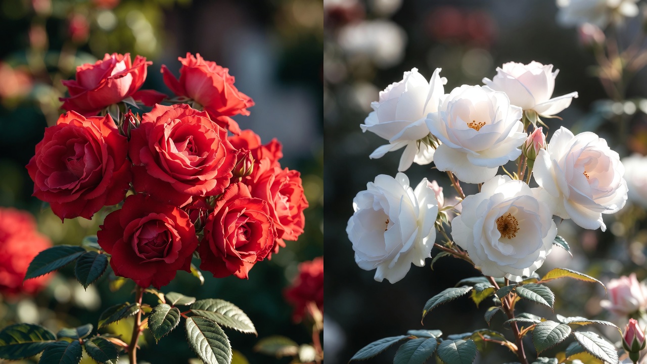 Side-by-side comparison of red Gallic rose and white rose symbolizing Lancaster and York