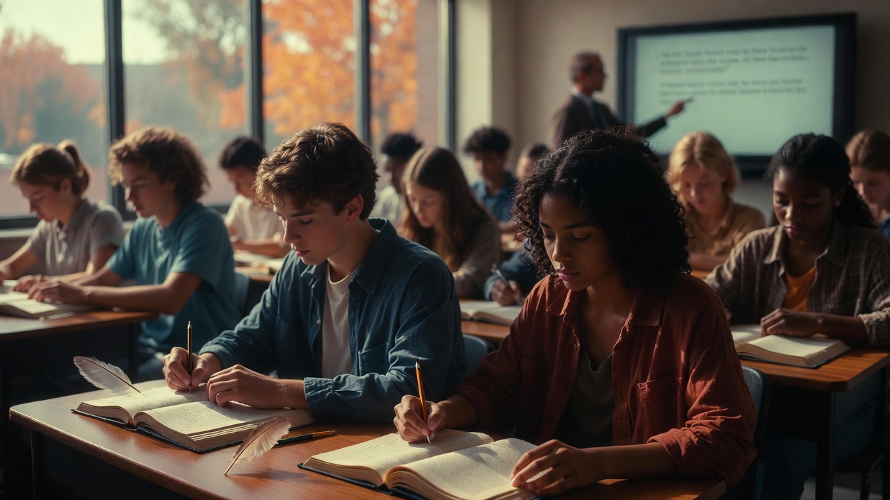 Diverse Wisconsin high school students actively reading and annotating Shakespeare in a bright classroom