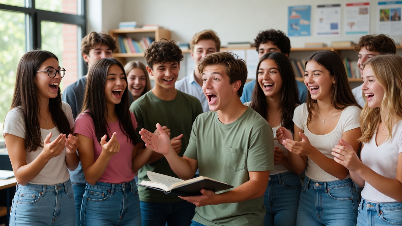High school students joyfully performing a Shakespeare scene in class