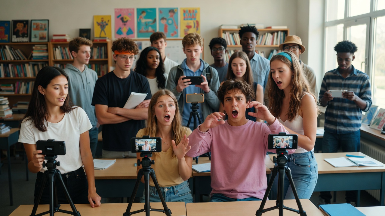 Students filming a modern Shakespeare scene adaptation in classroom groups