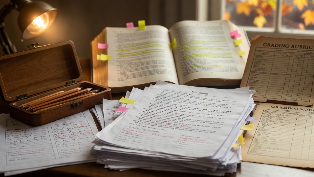 Teacher’s desk with Shakespeare essays, annotated books, and grading materials