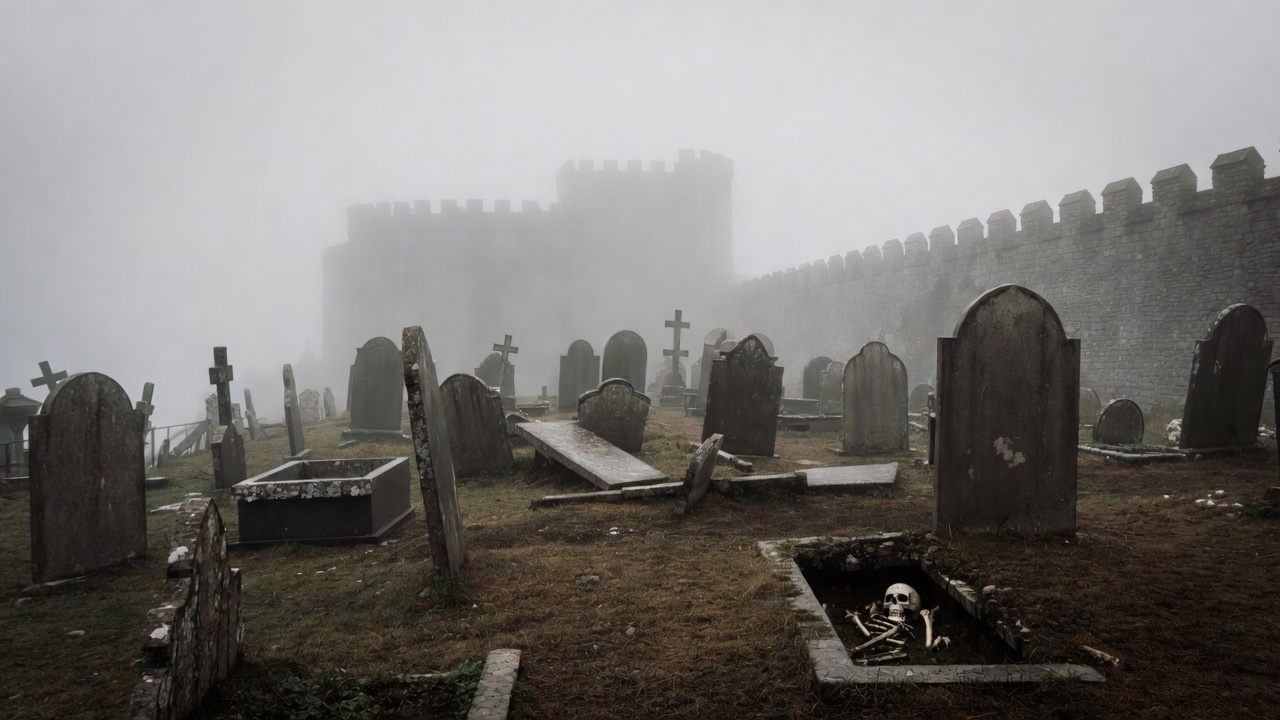 Foggy graveyard scene with skull and tombstones near castle, representing mortality and the Yorick skull moment in Hamlet