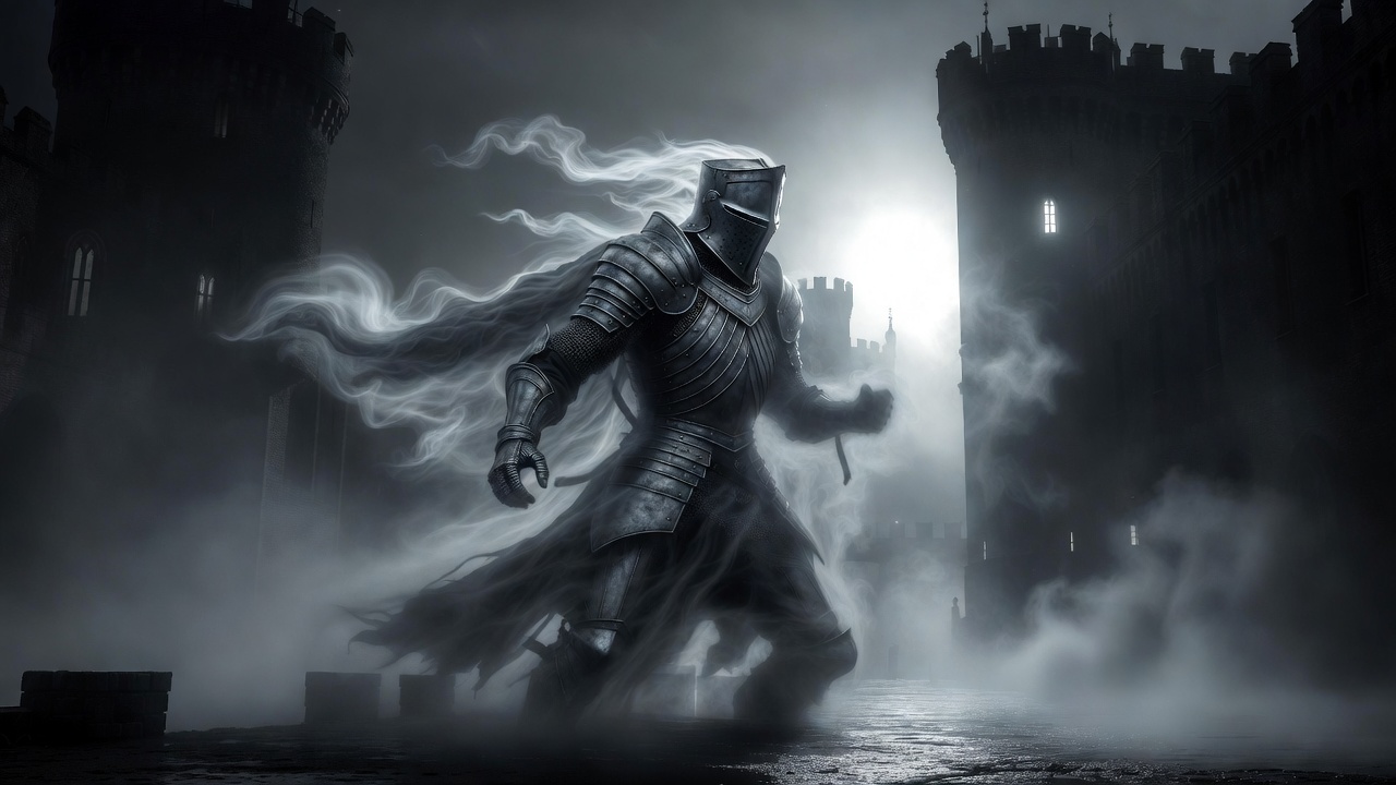 Ghostly armored figure on foggy castle battlements at night, representing the supernatural Ghost in Shakespeare's Hamlet tragedy