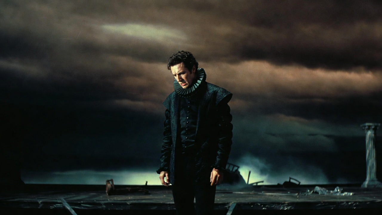 Hamlet in despair during his first soliloquy, alone on a dark stage contemplating suicide and corruption