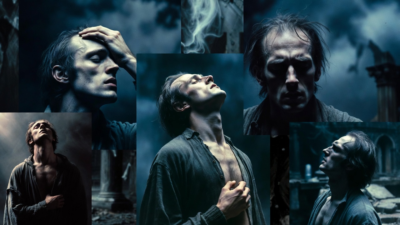 Visual timeline of Hamlet's psychological journey through key soliloquies, from despair to tragic resolve