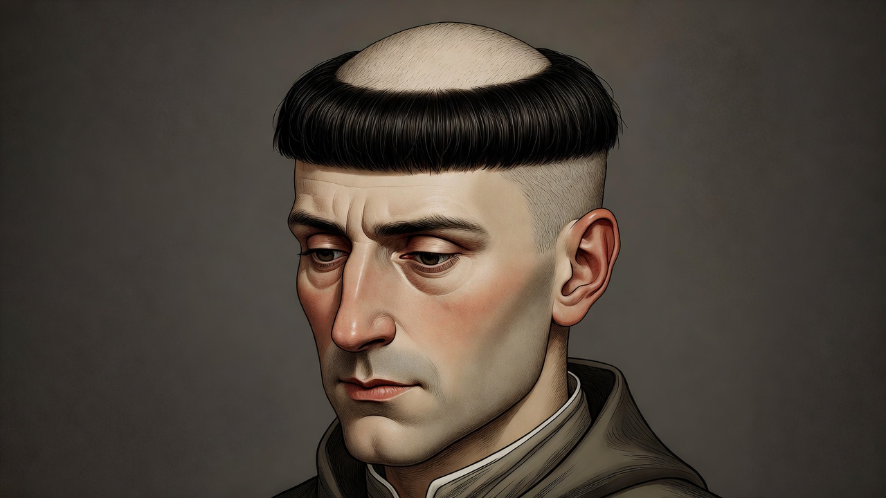 Close-up of the authentic Henry V medieval bowl cut hairstyle with ring crop and shaved sides