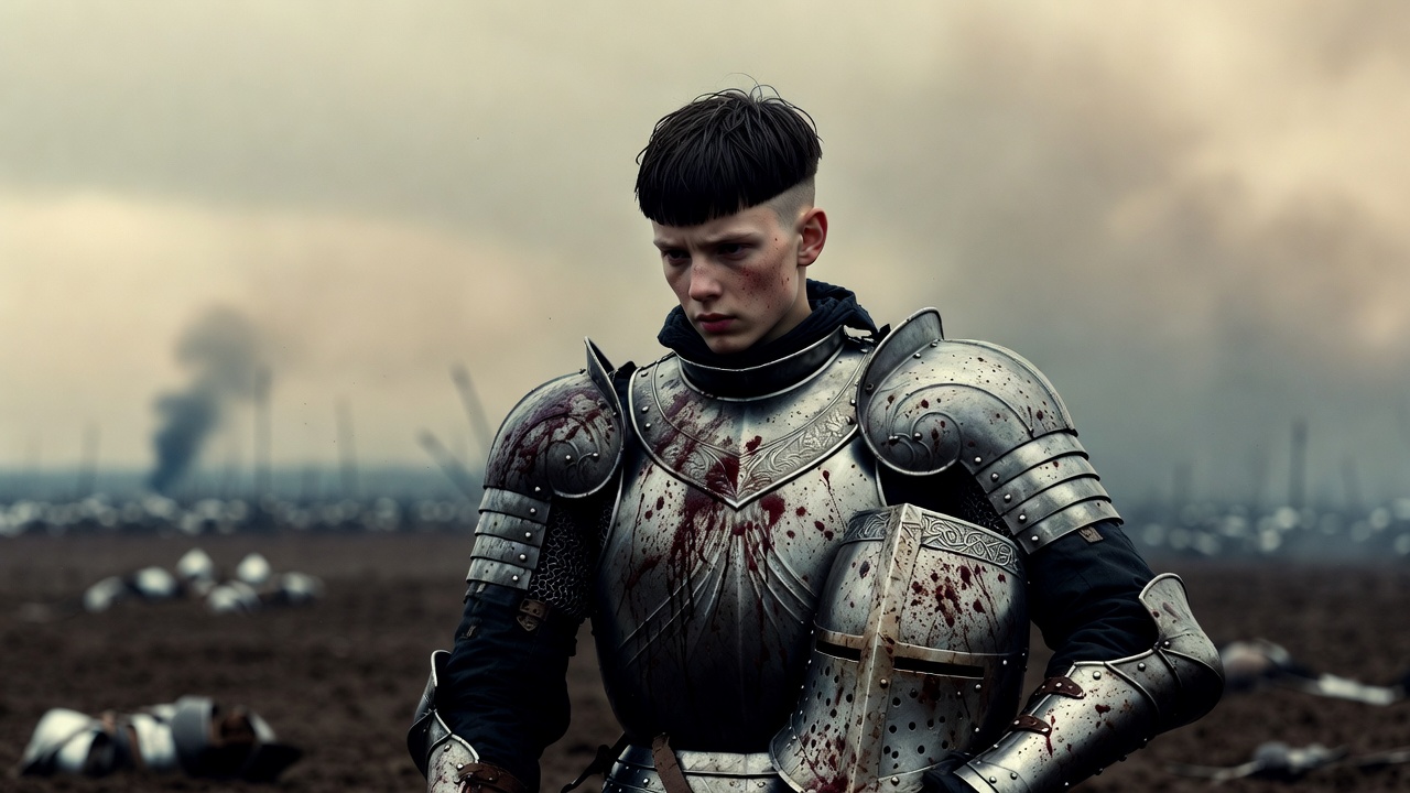Timothée Chalamet as Henry V in The King, wearing armor and displaying the famous medieval bowl haircut on the battlefield