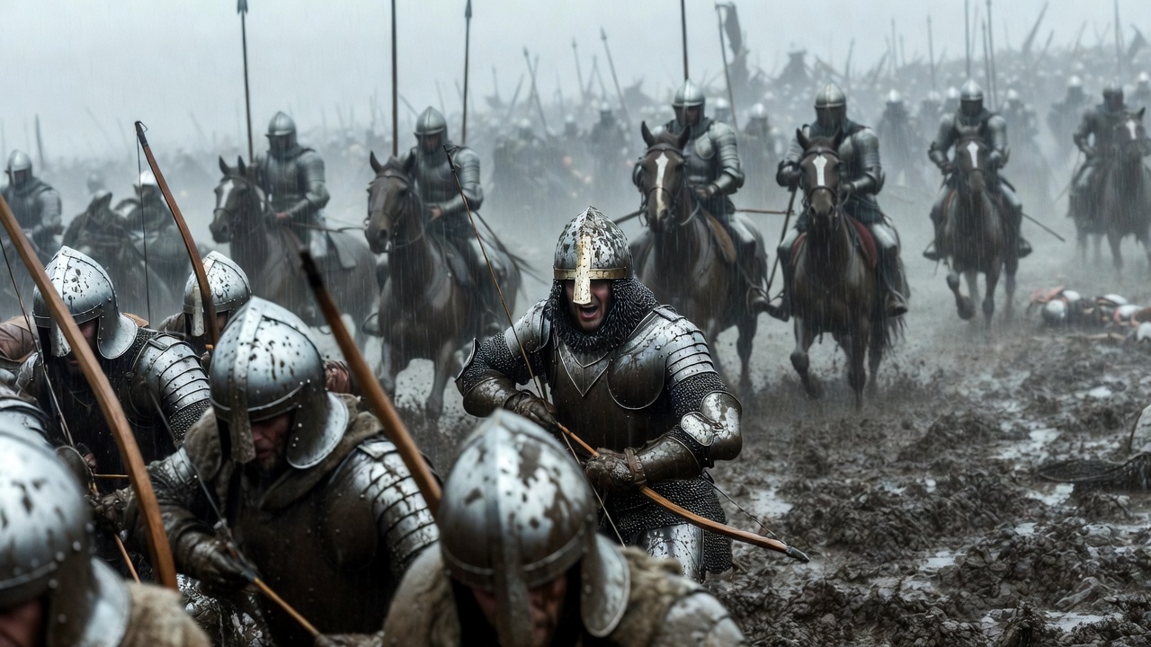 King Henry V leading at Agincourt, showcasing the practical medieval ring haircut suited for battle and helmet wear