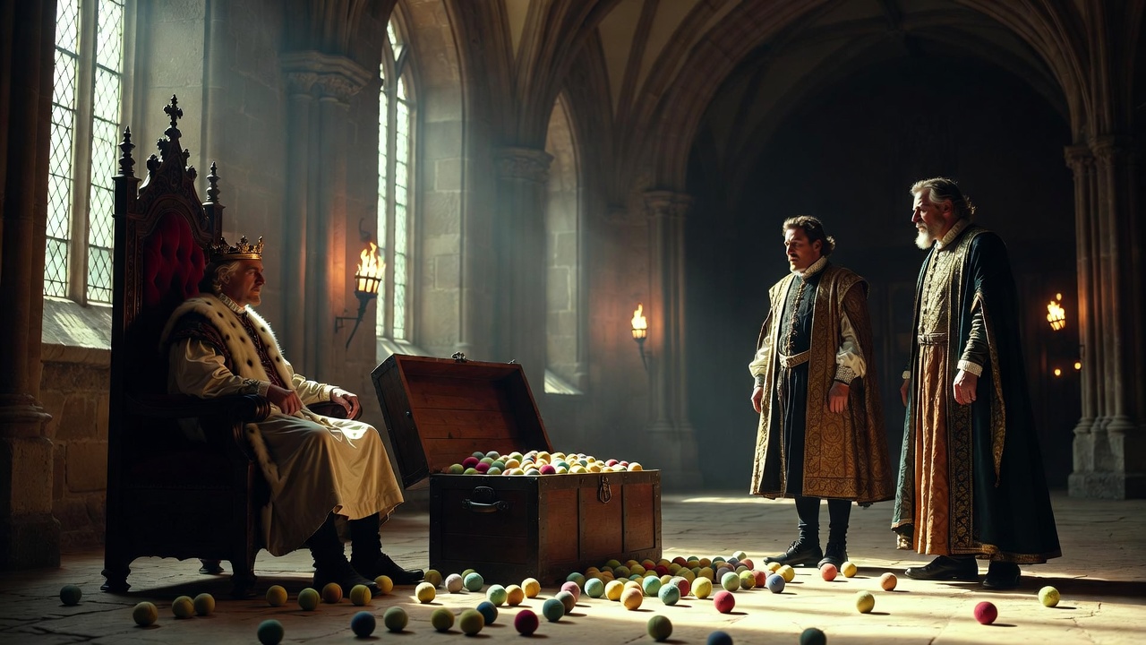 Henry V receiving the Dauphin's chest of tennis balls from French ambassadors in Shakespeare's play, dramatic court scene