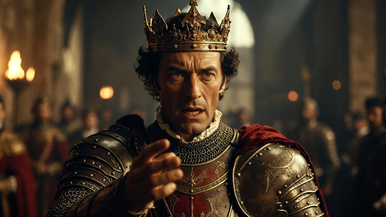 King Henry V delivering his furious response to the tennis balls insult in Shakespeare's Henry V, intense royal portrait