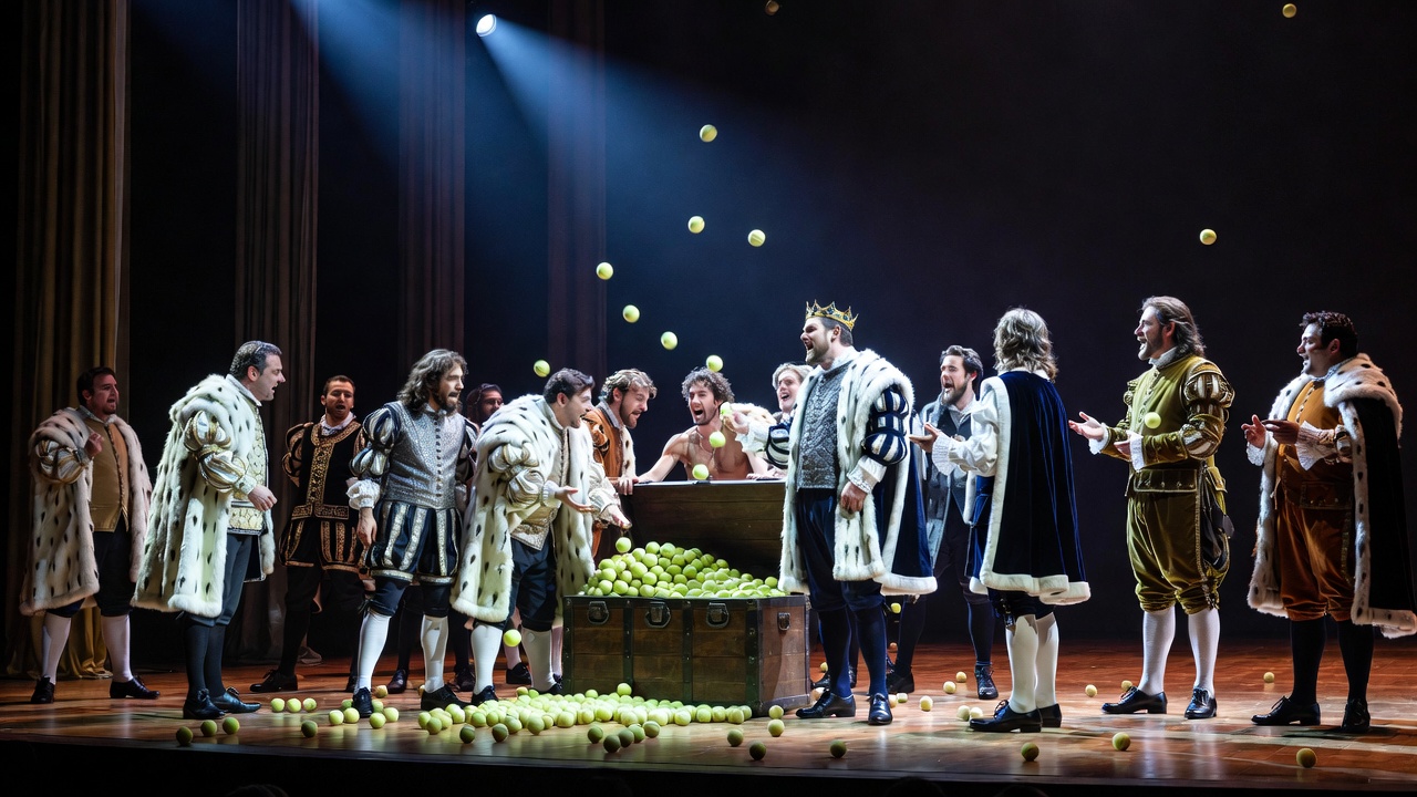 Theatrical staging of the Henry V tennis balls insult scene, actors with chest of balls in Shakespeare performance