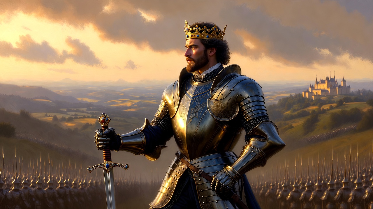 Henry V transformed into warrior king after the tennis balls insult, heroic Shakespearean historical portrait