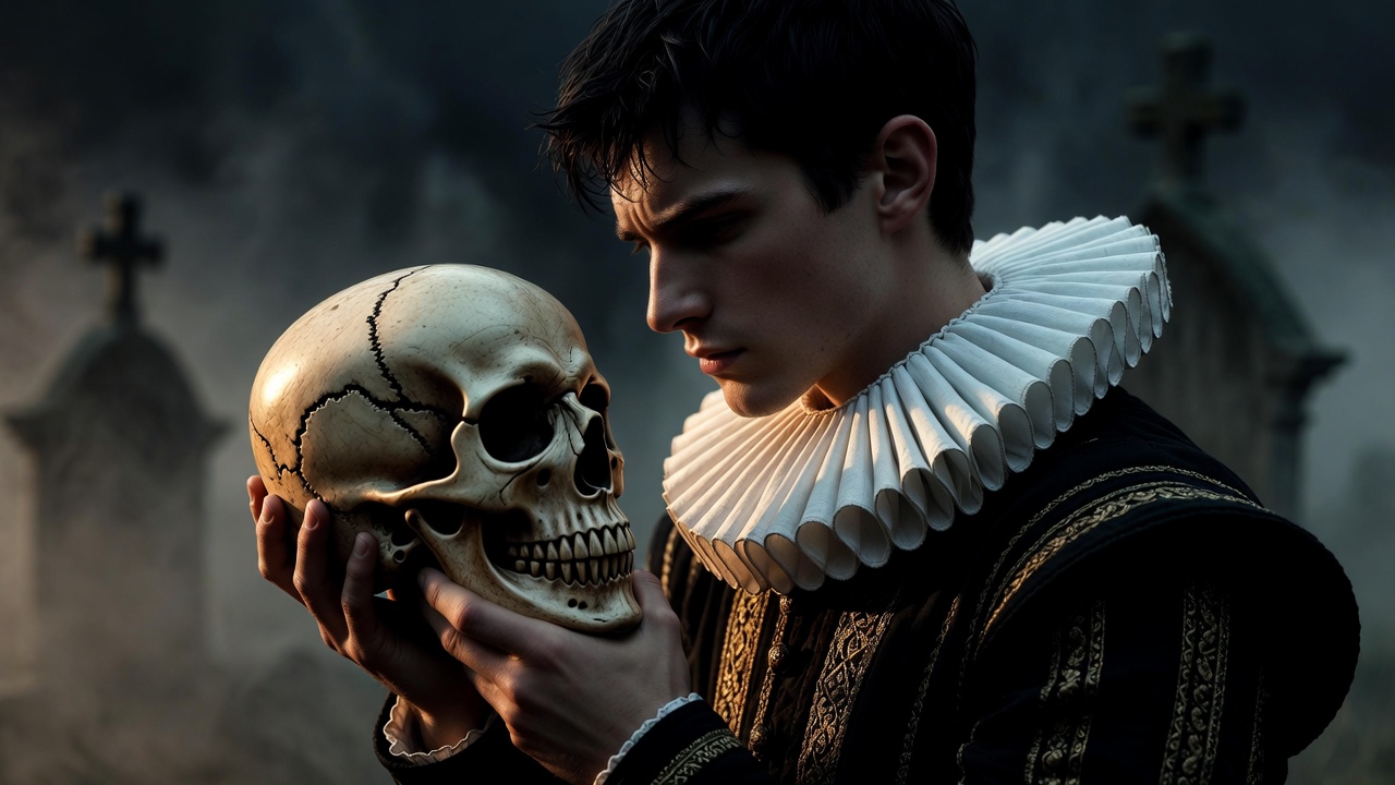 Hamlet holding Yorick's skull during the famous 'Alas, poor Yorick' monologue in Shakespeare's Hamlet graveyard scene