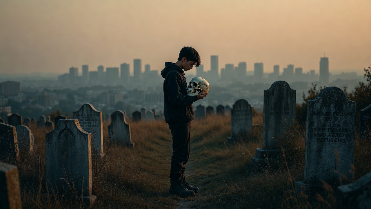 Modern interpretation of Hamlet contemplating mortality with skull connecting Shakespeare's graveyard scene to today