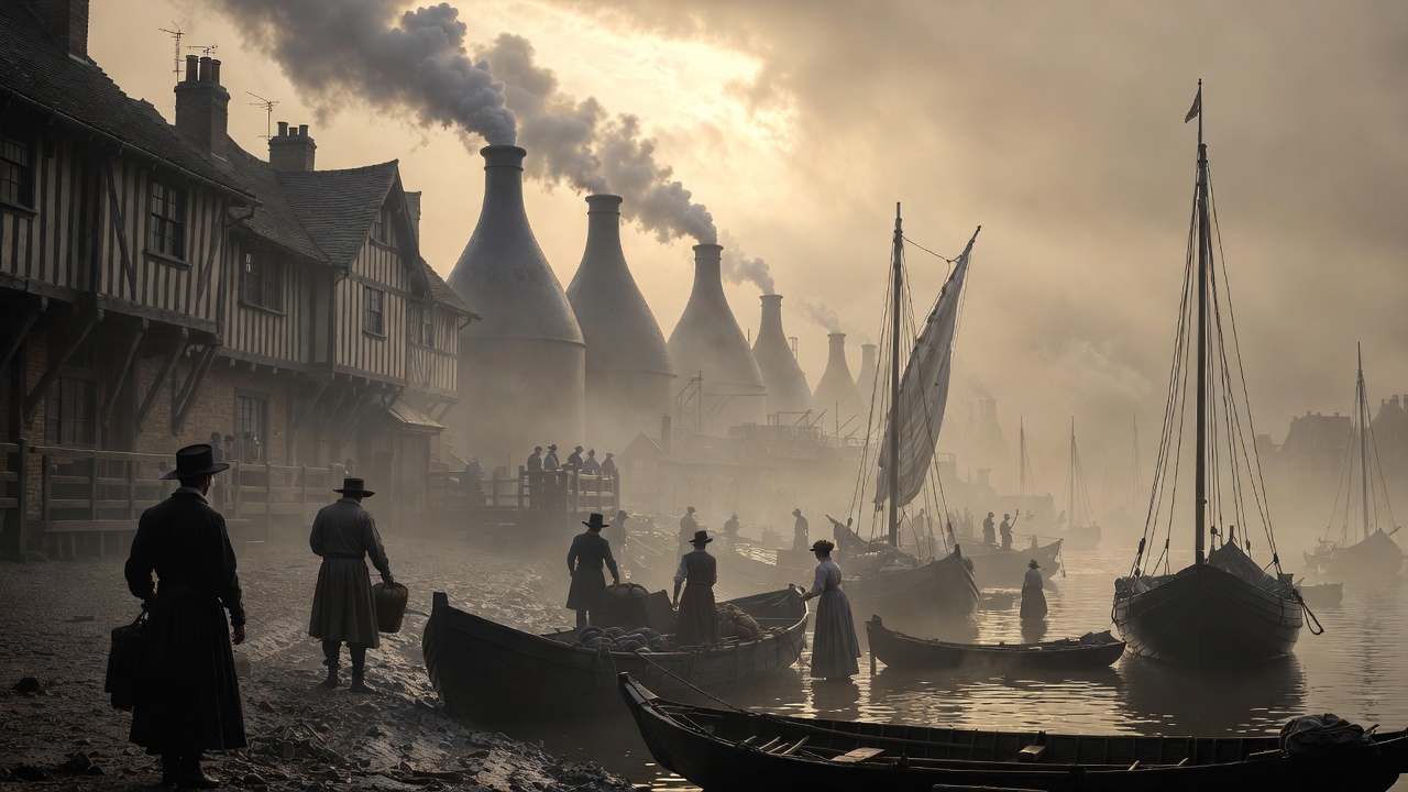 Historical reconstruction of Limehouse Tower Hamlets riverside with lime kilns in Shakespeare's era, foggy Thames docks