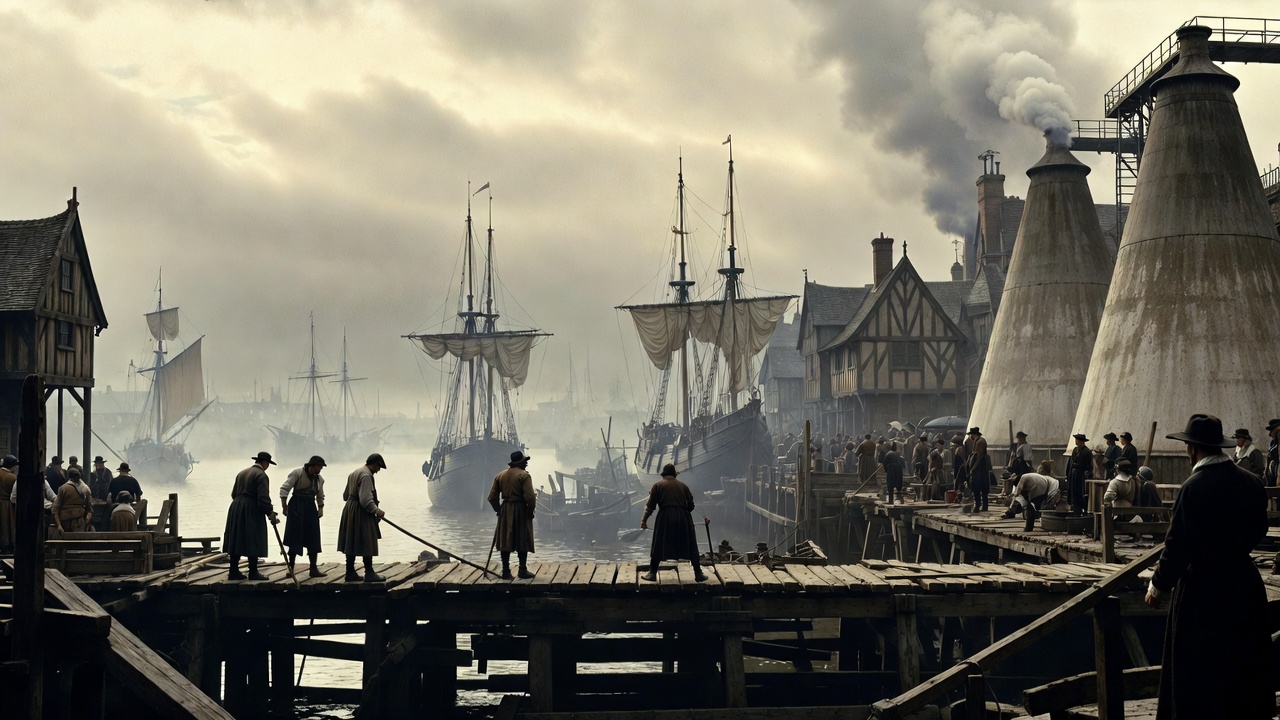 Elizabethan sailors and workers as the "limbs of Limehouse" on Thames wharf in Shakespeare's London