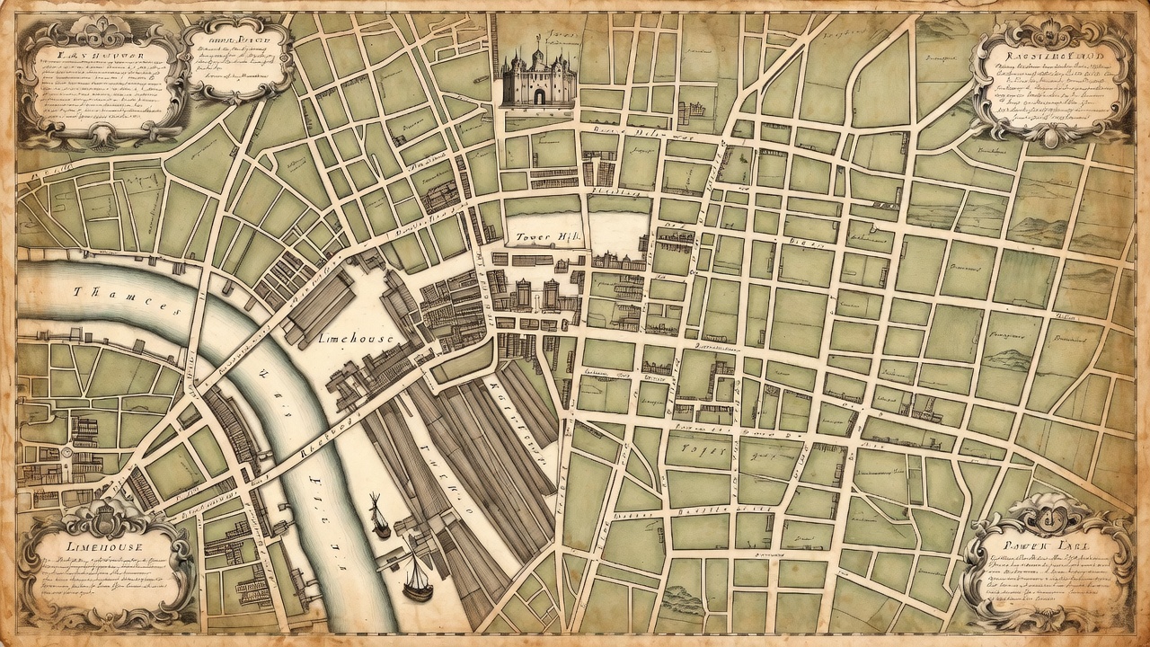Vintage map showing Limehouse Tower Hamlets location in Shakespeare's London near the Thames and Tower Hill