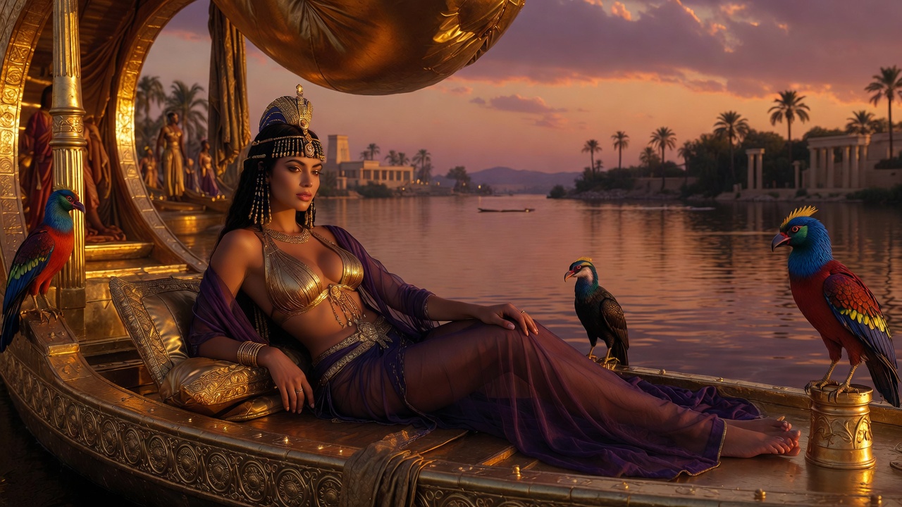Cleopatra on her golden barge showcasing infinite variety, captivating Antony's boundless love in Shakespeare's tragedy.