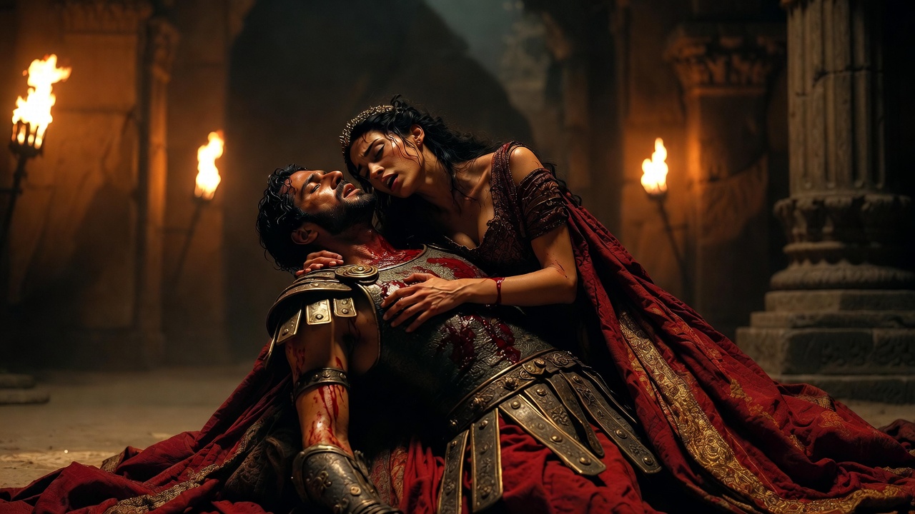 Antony dying in Cleopatra's arms, ultimate tragic devotion and sacrifice in Shakespeare's Antony and Cleopatra.