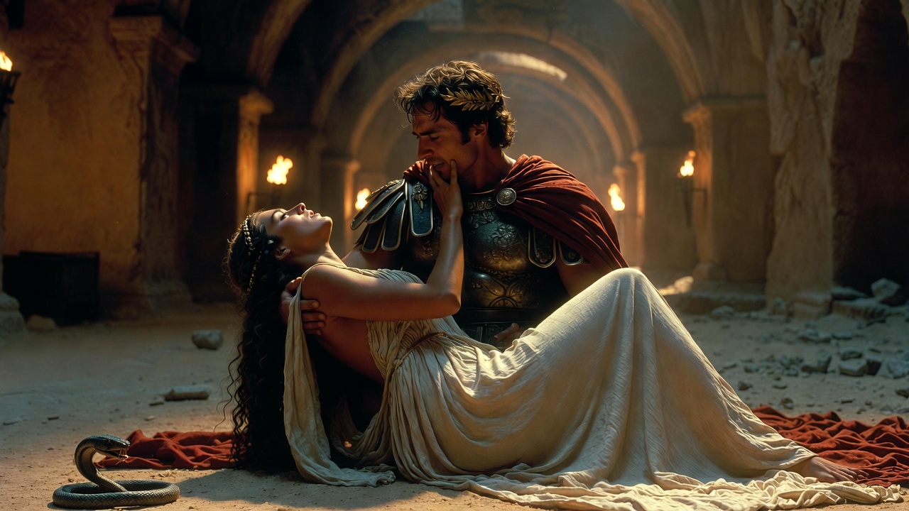 Antony and Cleopatra in their tragic final embrace, symbolizing passion and destiny in Shakespeare's play