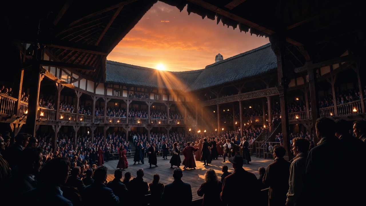 Elizabethan Globe Theatre stage with actors in Shakespearean performance dramatic lighting historical atmosphere