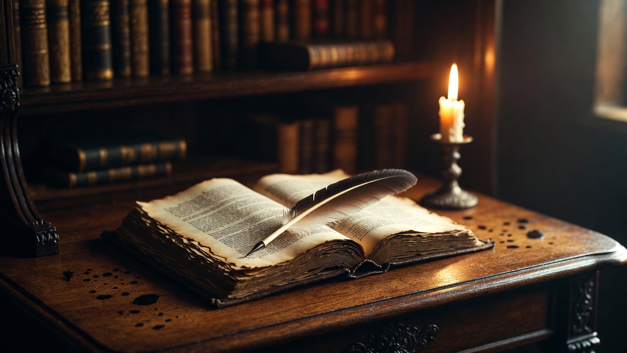 Vintage Shakespeare book open on candlelit desk quill pen historical literary atmosphere