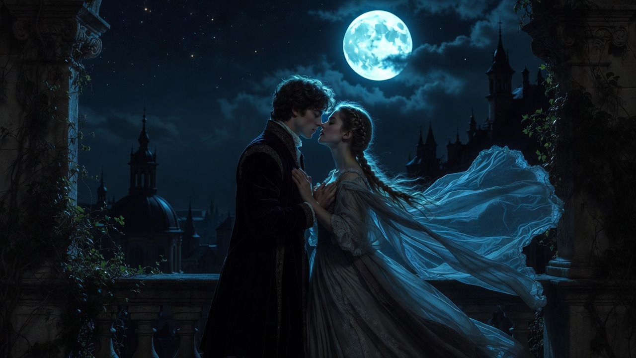 Romantic balcony scene Romeo and Juliet style Elizabethan lovers embracing moonlit night
