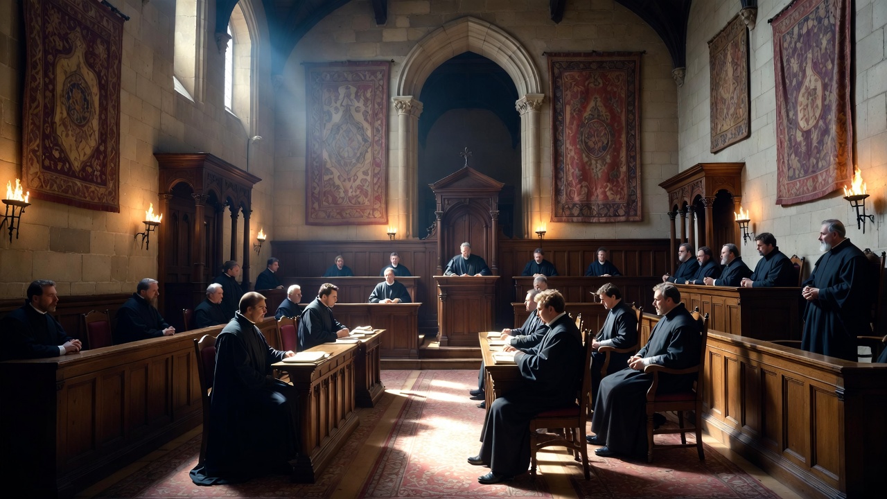 Elizabethan courtroom judgment scene historical justice dramatic lighting Shakespeare era