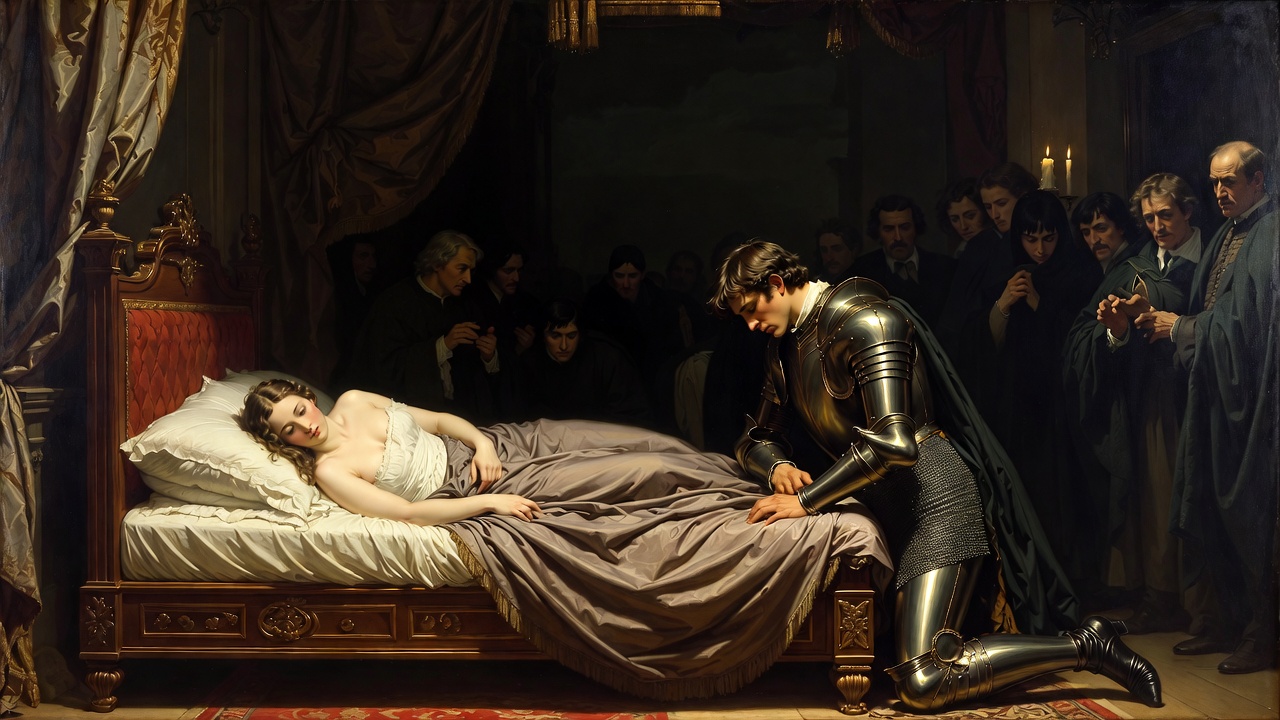 Dramatic Othello jealousy scene Shakespeare tragedy bedroom betrayal candlelight atmosphere