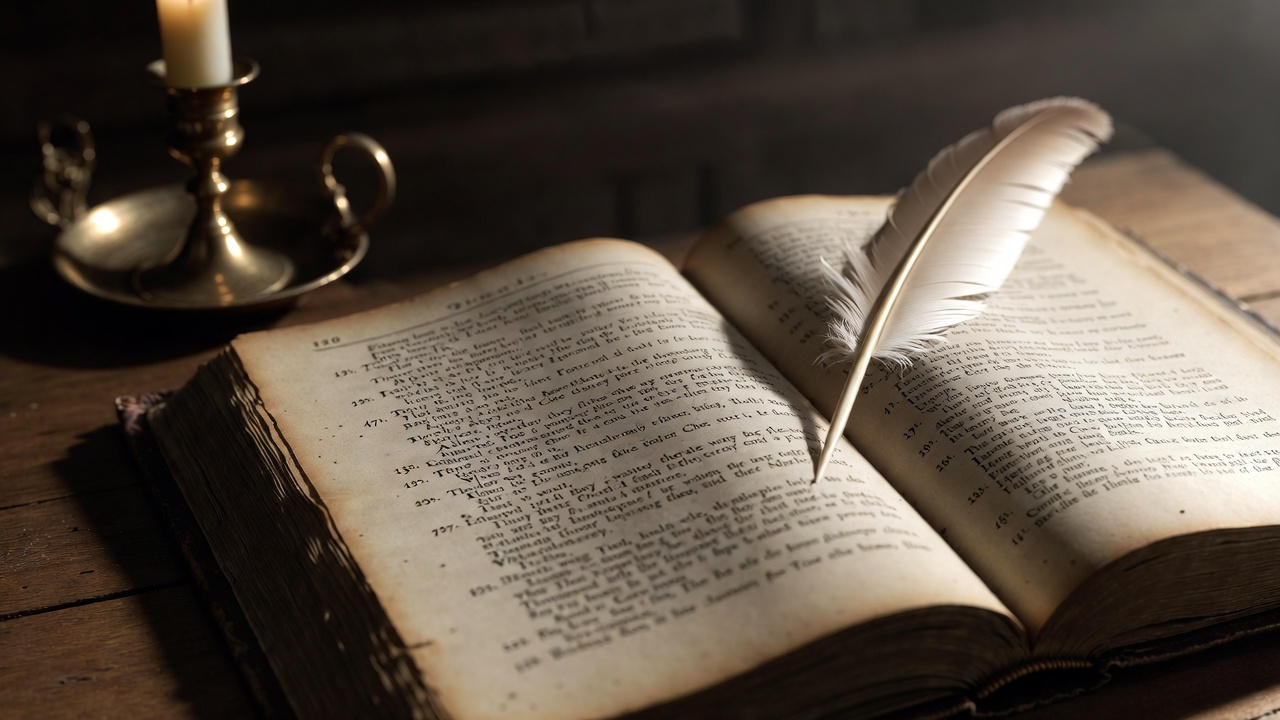 Open vintage Shakespeare edition book displaying marginal script line numbers with quill and candle on wooden desk