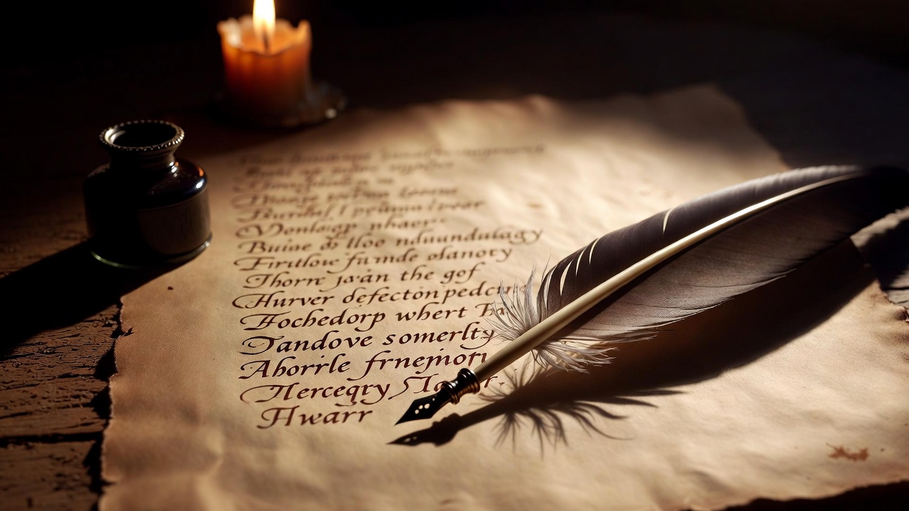 Antique quill and ink on parchment with Shakespearean verse lines, illustrating verse structure for script numbering