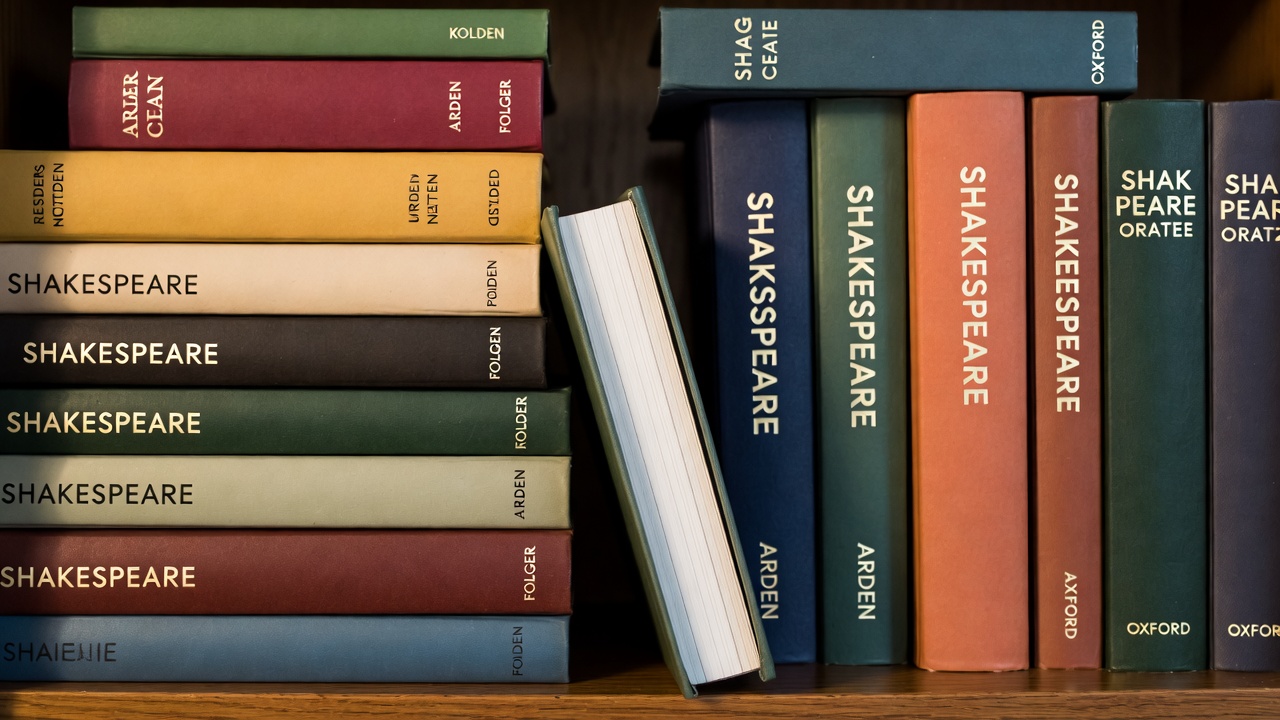 Collection of popular Shakespeare editions like Folger and Arden with visible line numbering systems