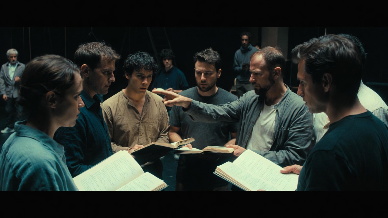 Actors in Shakespeare rehearsal pointing at script line numbers in their play texts