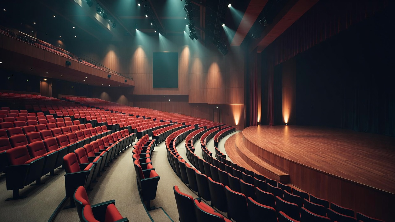Empty Cole Auditorium theater at RCC Hamlet NC with red seats and lit stage ready for performances