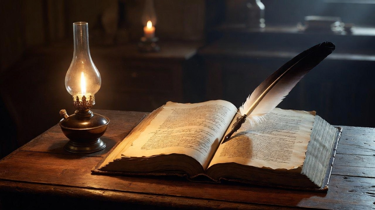 Vintage open Shakespeare book with quill and candlelight evoking deep literary study