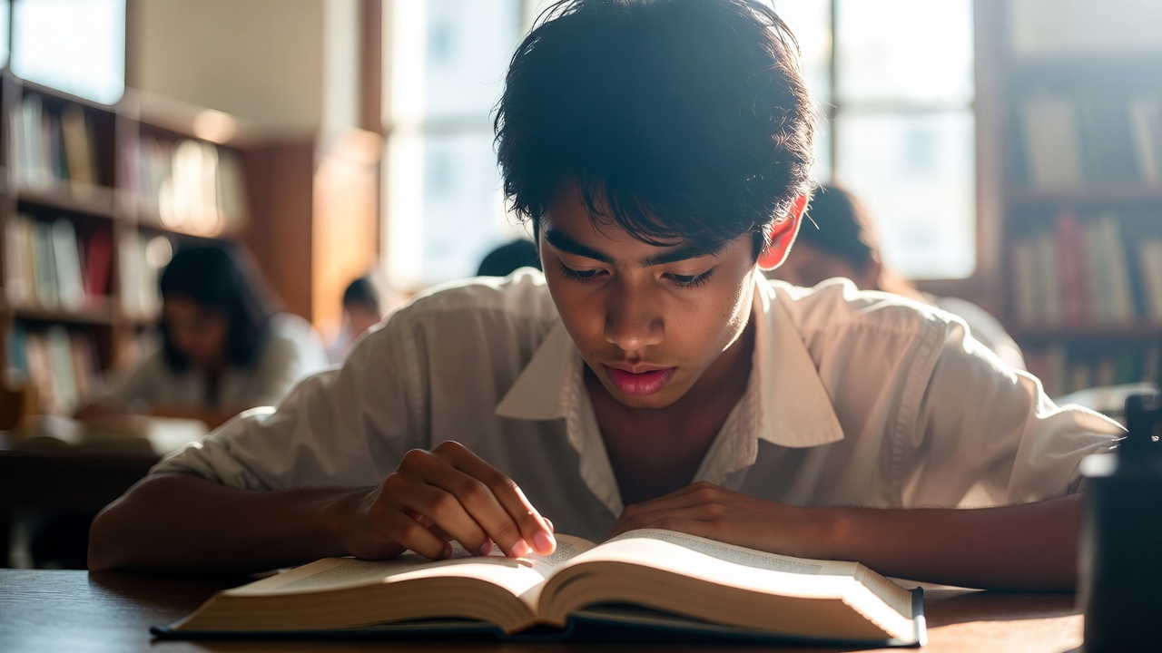 Student reading Shakespeare literature book in community college library setting