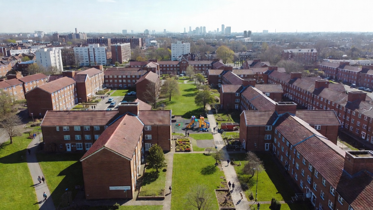 Overview of safe and vibrant Tower Hamlets Community Housing estate in East London for residents